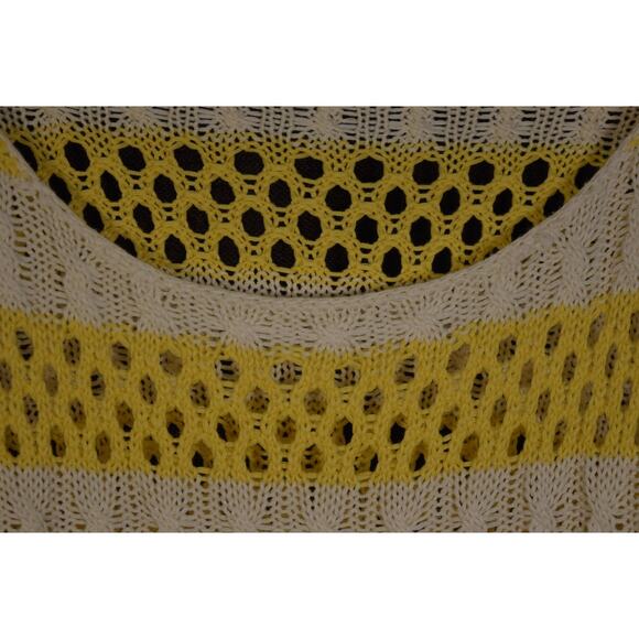 Willi Smith Yellow and White Cable Knit Pullover Sweater Open Knit Strips Sz L - Picture 2 of 8